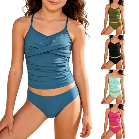 REDARER Girls Solid Two Piece Tankini Swimsuit Twist Front Adjustable Thin Straps Ruched Sides Lined Support Cup Modest Beach Pool Bathing Suit,13-14 Years