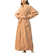 Long Robes for Women – Soft Fleece Long Sleeve Bathrobe with Shawl Collar - Unisex Winter Warm Fuzzy Sleepwear Nightgown Beige M
