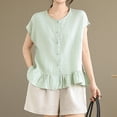 thumbnail image 2 of FRSASU Womens Ruffle Hem Shirts Short Sleeve Peplum Cardigans Crew Neck Button Cotton Linen Tops Mint Green, 2 of 9