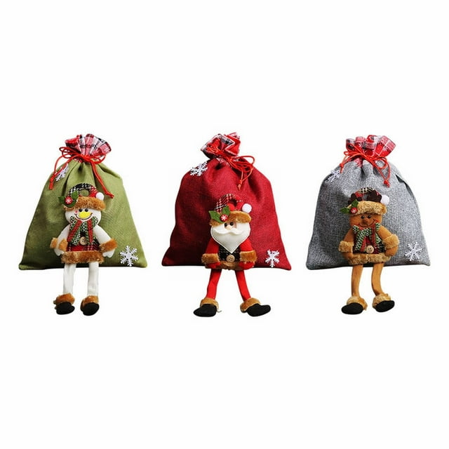 Under 10 Gift Wrapping Paper Bags Drawstring Xmas Candy Bags Santa Sack Backpack for Christmas Party Favors 3PC