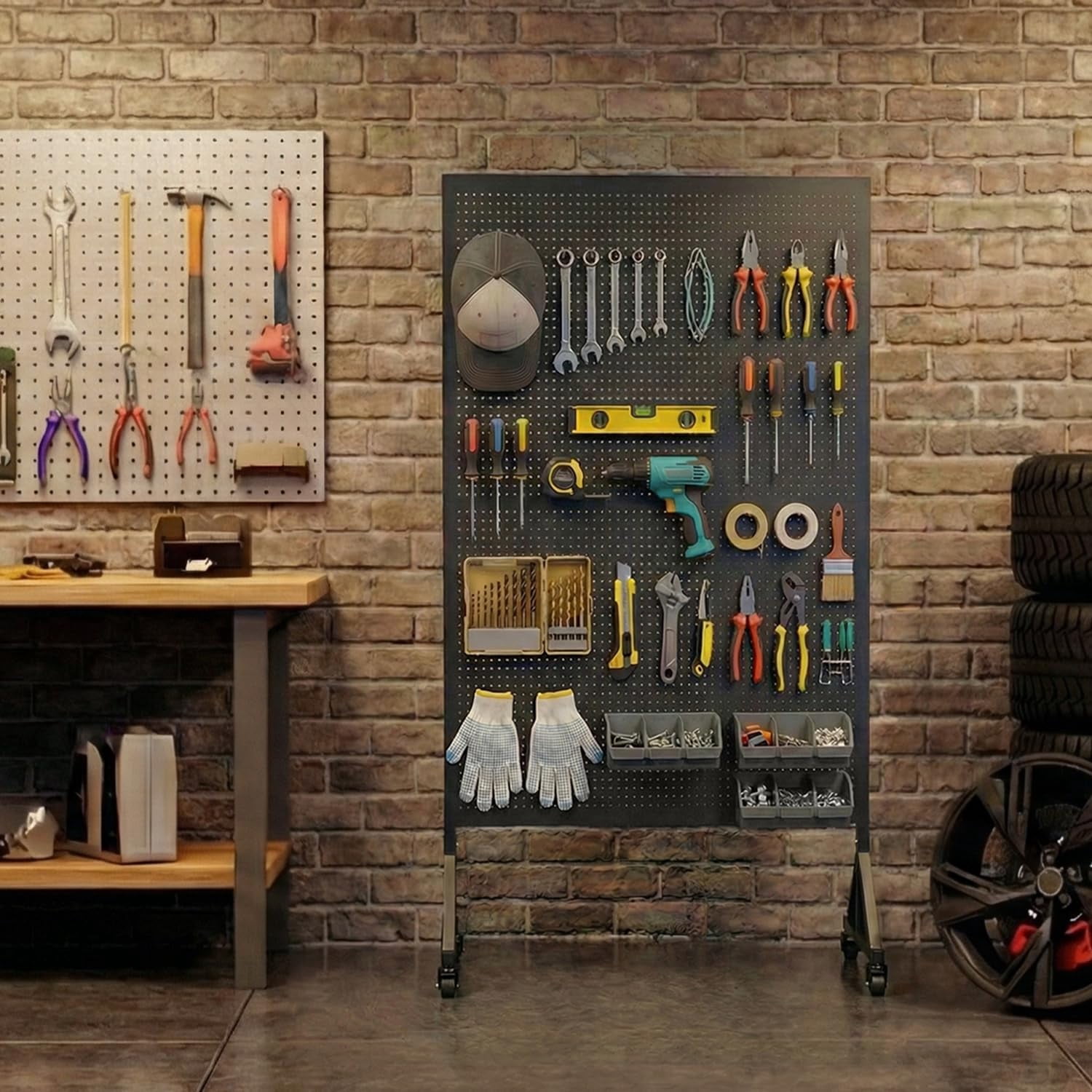 HAIDAIYA Metal Pegboard Display Stand, 3.5' x 5.5' Large Standing Peg Board Panel with 40 Hooks and Wheels, Adjustable Height, Pegboards for Office, Garage, Vendor, Retail Display Rack (Black)
