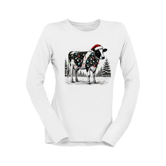 Festive Christmas Cow Lights Women's Long Sleeve