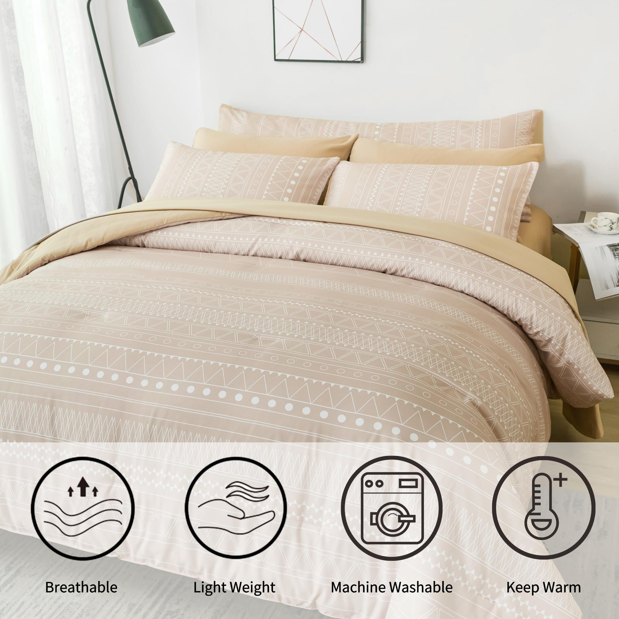 RYNGHIPY Full Stripe Bed in a Bag 8-Piece Bohemian Taupe Comforter Sets for Kids Fluffy Geometric Beige Bedding Sets for All Season, Full