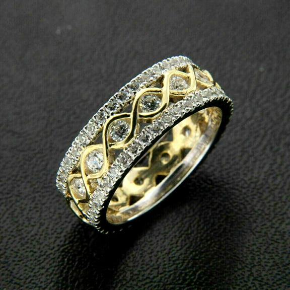 Silver & Stone Jewels 0.75Ct Round Cut CZ Women's Wedding Band Ring 14k Two Tone Gold Over