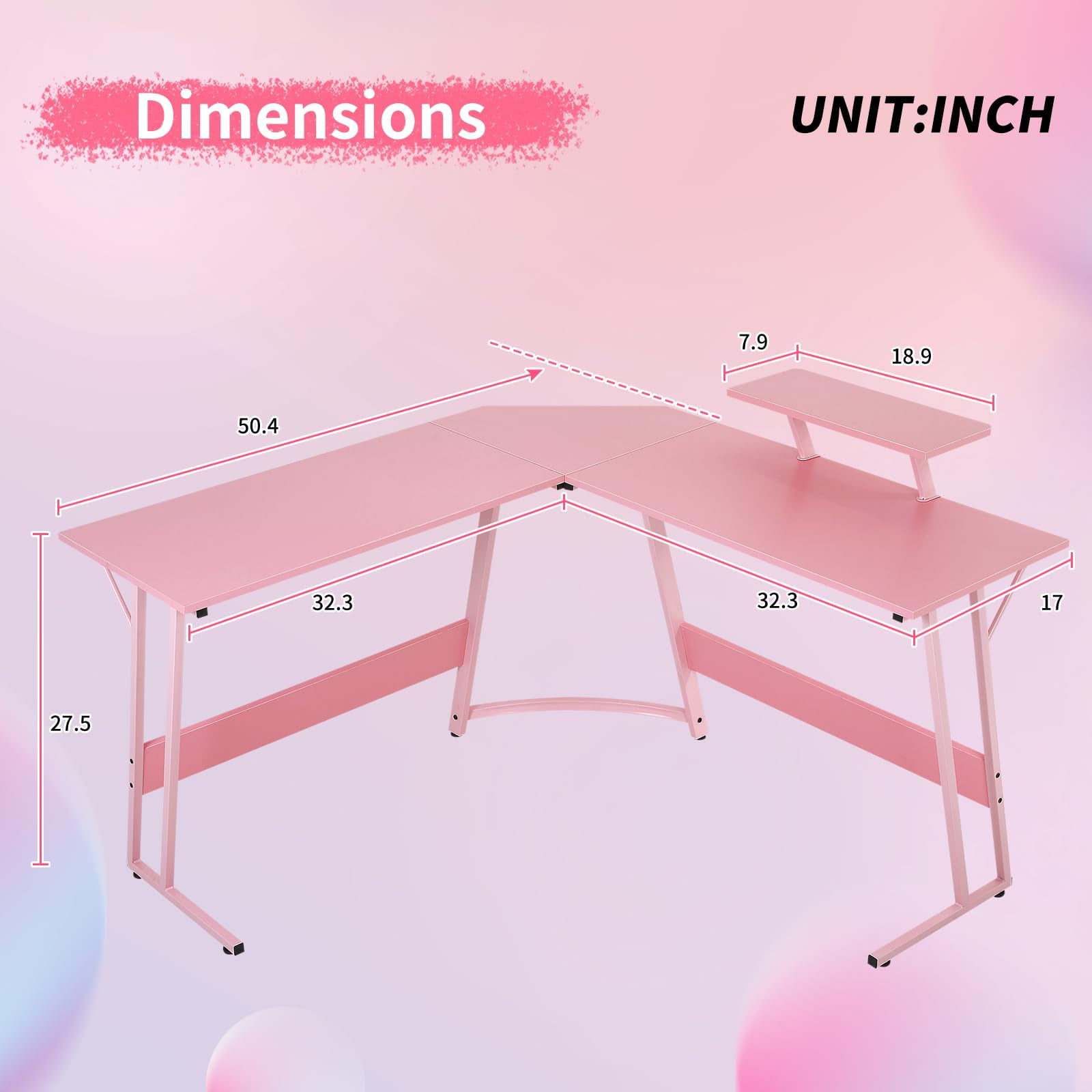 Shaped Gaming Desk 50 Inches Corner Computer Desk, Home Office Desk with Large Desktop Gaming Table for Home and Work Place,Pink