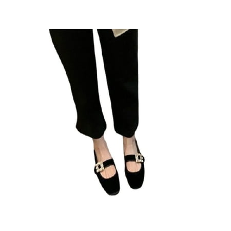 

Woobling Girls Loafers Chunky Dress Shoes Ankle Strap Mary Jane Heels Work Leather Shoe Non-slip Pumps Slip On Casual Black Velvet Flats 6.5