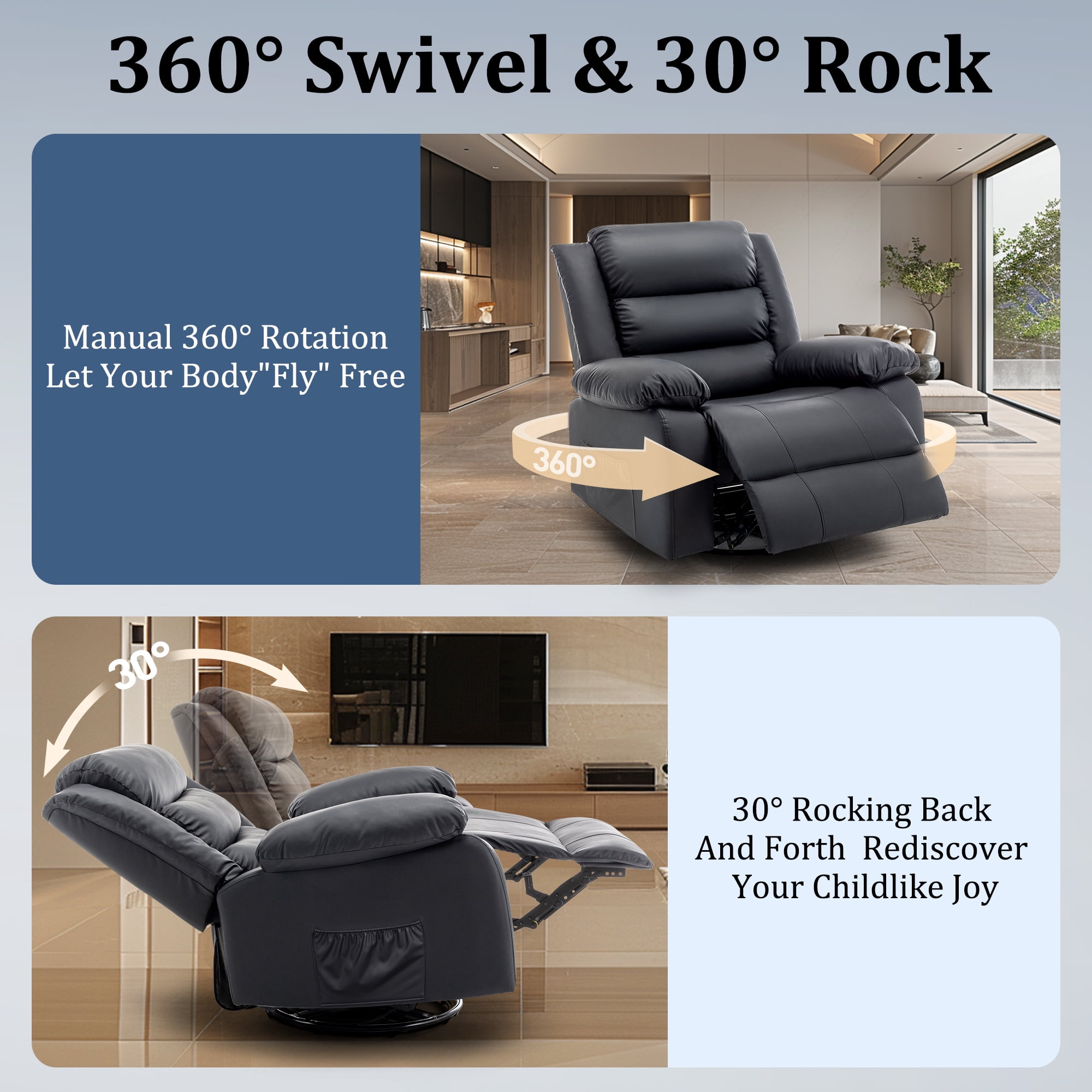 Korser Oversized Swivel Rocker Recliner Chair for Adults Faux Leather for Nursery Living Room,Black