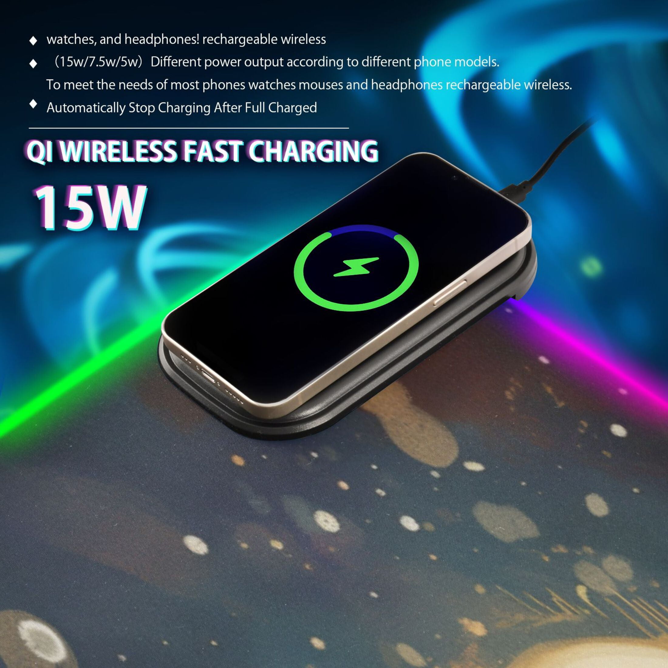 Wireless Charging Mouse Pad Large RGB Gaming Desk Mat 13 Light Modes Mousepad 31.5x11.8 Lovely Cat and Moon Star