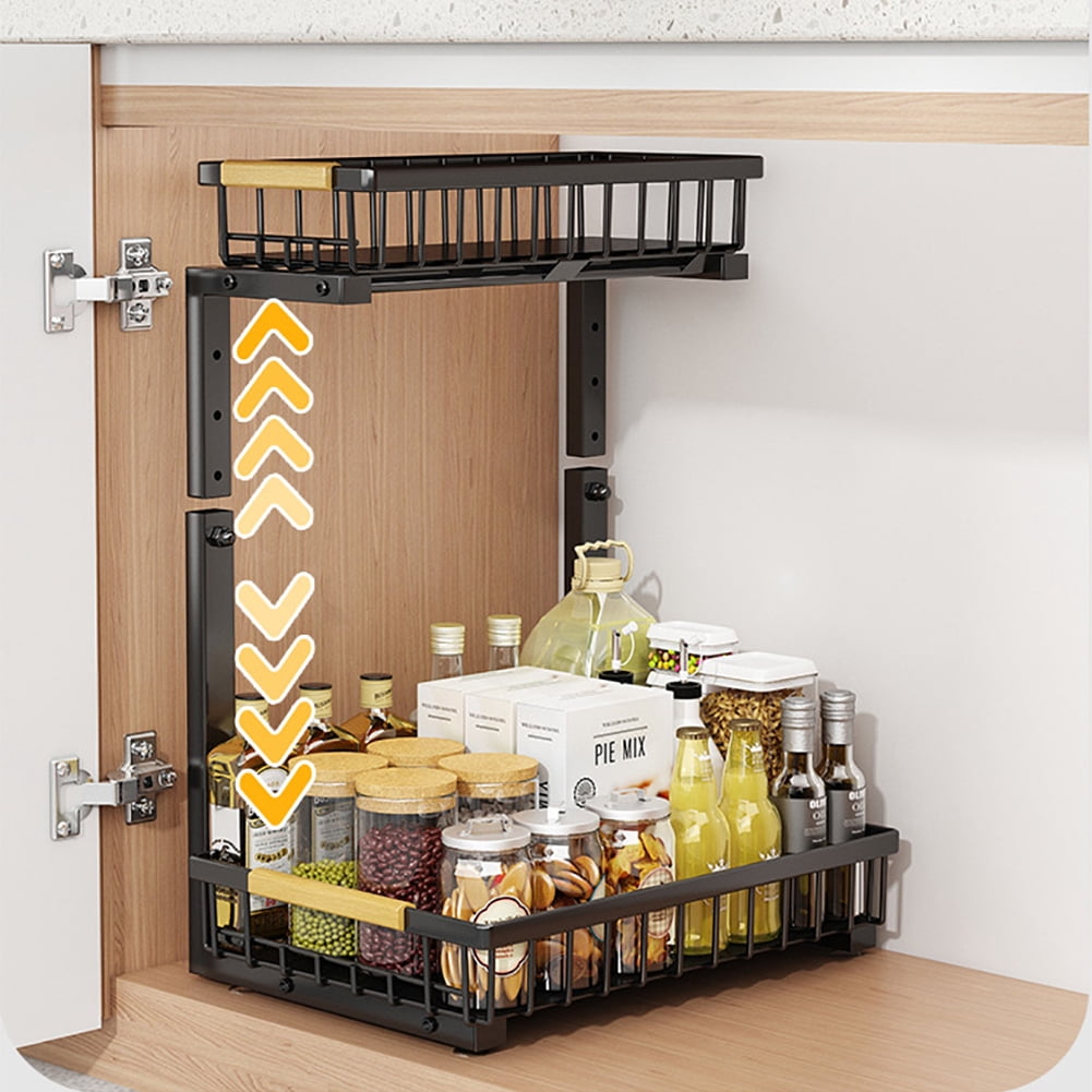 Under Sink Organizer Adjustable Height 2 Tier Pull Out Under Cabinet Organizer Thickened Metal Shelf Slide Out Under Sink Storage for Kitchen Bathroom Cabinet Laundry