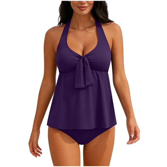 Conjunto de Bikini de Cintura Alta para Mujeres Tankini de Color Sólido con Cojín de Pecho sin Acero Traje de Baño sin Espalda Y Pantalones de Baño Conjunto Dividido