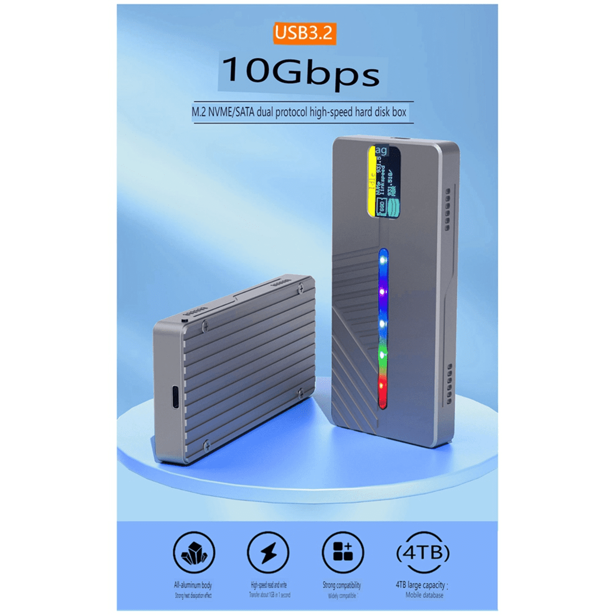 Smart Display M.2 Solid State Mobile Hard Drive Box 10GB Dual Protocol NVMe/Sata Aluminum Alloy