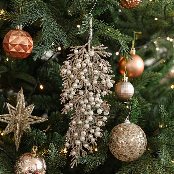 Seyotauo Glitter Christmas Leaves Garland | Powdered Pearl Cypress Tree Ornaments for Winter Festival Decoration | Champagne Pendant Sticky Powder Pearl Plastic Cypress Leaf Christmas Tree Decor