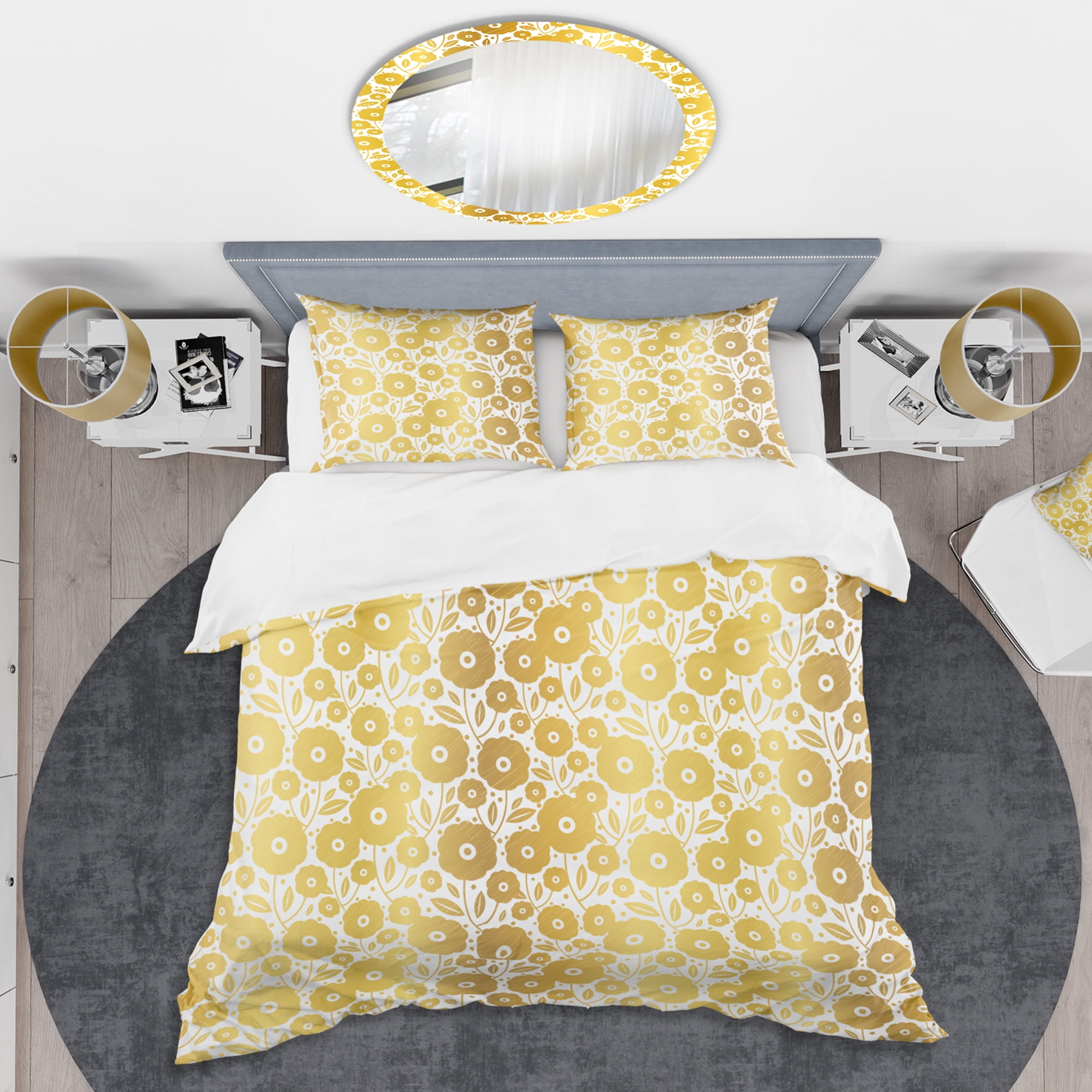 Designart 'Golden Floral I ' Mid-Century Modern Duvet Cover Set