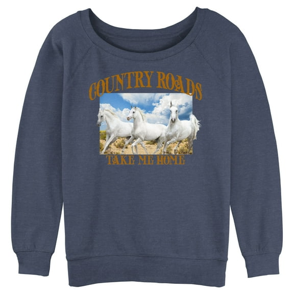 Junior's Lost Gods Country Roads Horses Sweatshirt Blue Heather Large