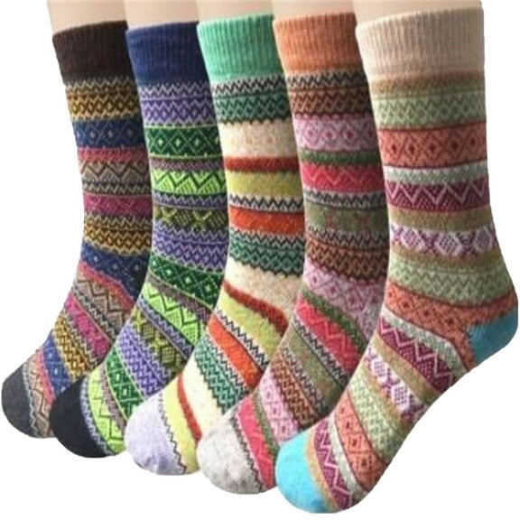 WRKEKC Women's Crew Wool Socks Ethnic Pattern Color Block Mid Calf Socks for Fall Winter Warm Cozy and Trendy Casual Wear
