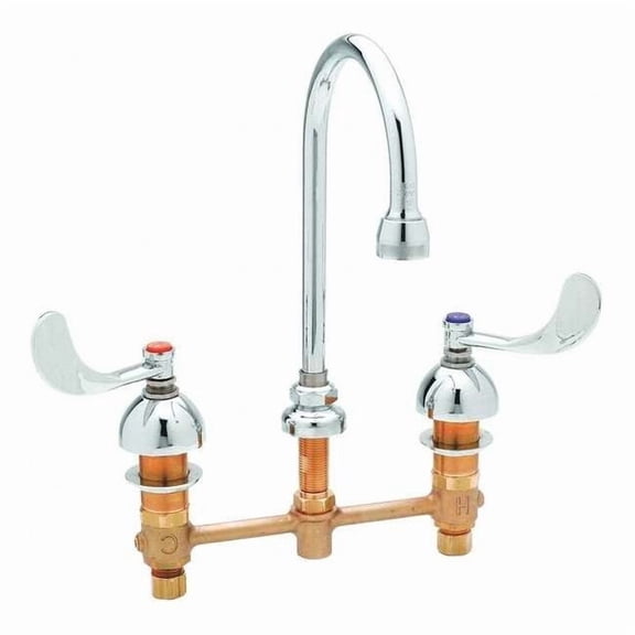 T&S Brass - Medical Faucet, Deck Mount, 8'' Centers, Swivel/Rigid GN w/Rosespray, 4'' Wrist Handles