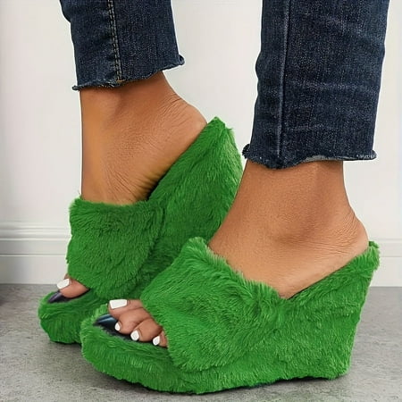 

Women s Furry Open Toe Platform Wedge Slippers Comfy Solid Color Slip On Slides Shoes Soft Non-slip Sandals Comfortable Summer Shoes