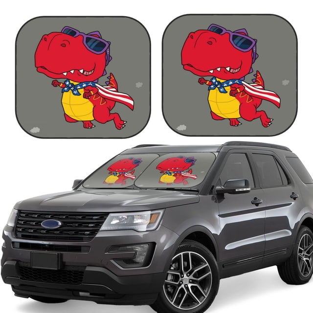 Balery Dinosaur Super Hero Cartoon Parasol para parabrisas de coche de 2 piezas | Parasol plegable para parabrisas delantero de coche para la mayoría de sedanes-Medium