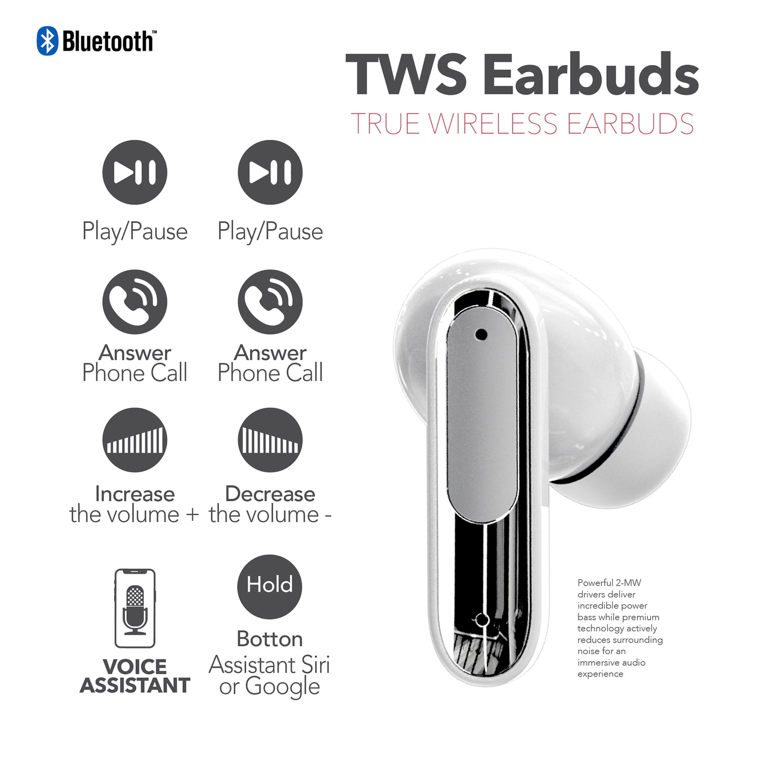 RCA WAVE-45 TWS Bluetooth In-Ear Earbuds with Mics, On-Ear Controls, ANC, Charging Case with Touch Screen, up to 6 Hours Play Time , White