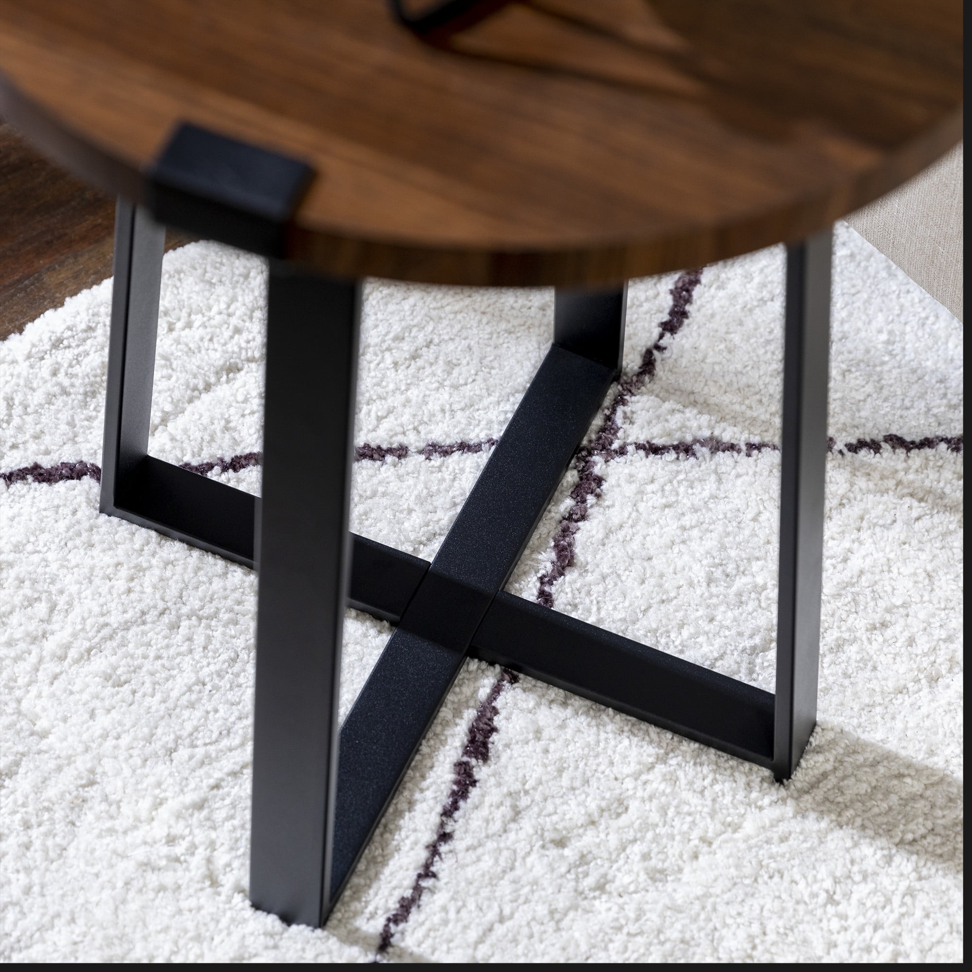 Walker Edison Rustic Wood and Metal Round End Table, Dark Walnut