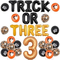 Halloween 3rd Birthday Party Decorations - Orange and Black Trick or Three Foil Balloons Kit with Ghost Spiderweb Printed Balloons for Halloween Theme Three Year Old Birthday Party