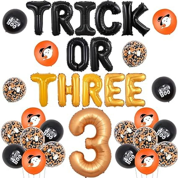 Halloween 3rd Birthday Party Decorations - Orange and Black Trick or Three Foil Balloons Kit with Ghost Spiderweb Printed Balloons for Halloween Theme Three Year Old Birthday Party