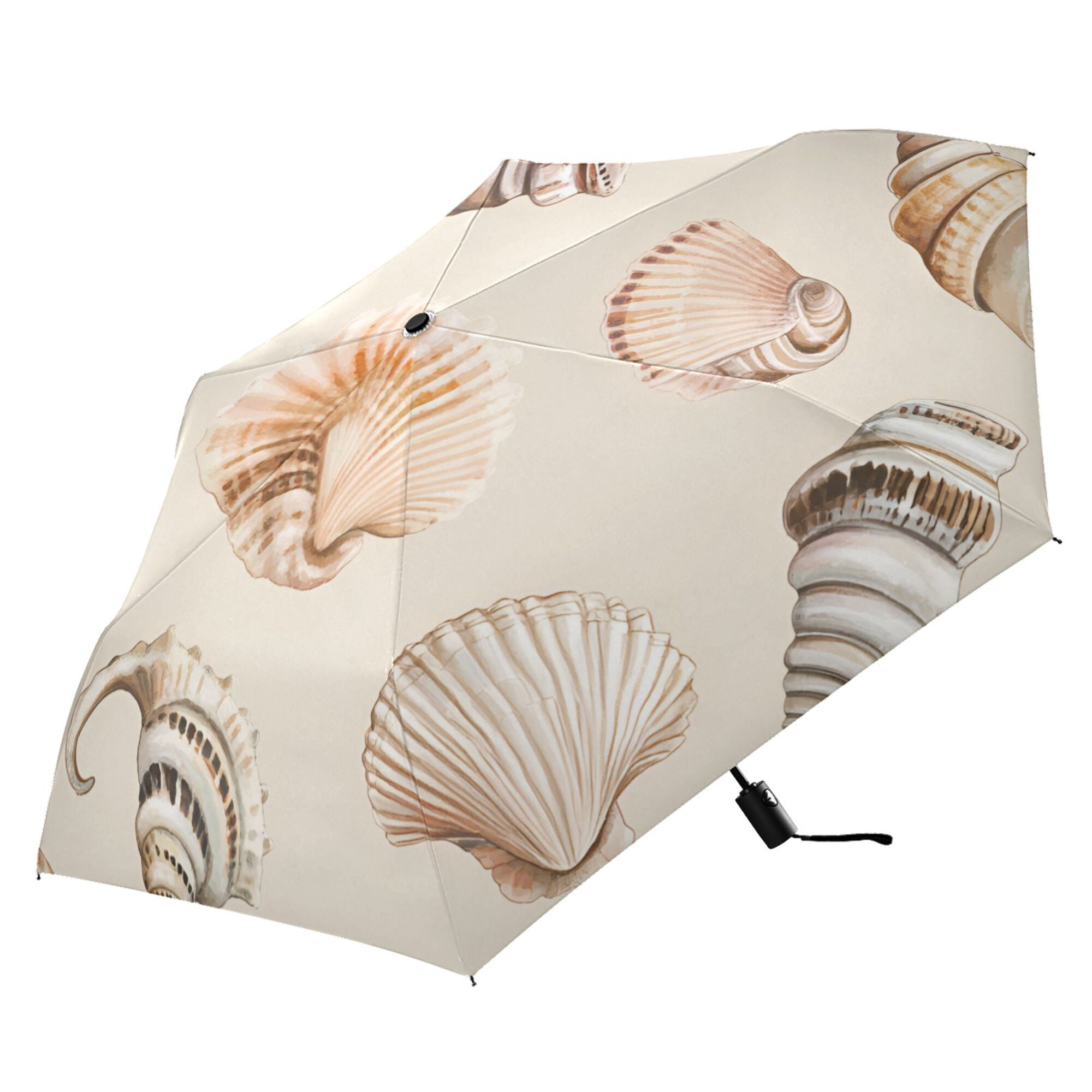 FORMRS Travel Umbrella Folding Auto Open Close Windproof Rain UV Protection, Green Watercolor Seashells