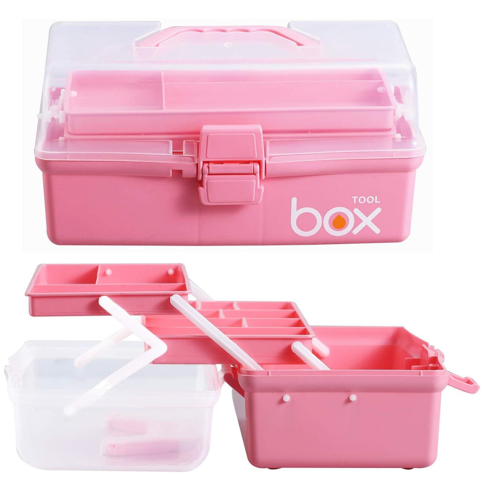 Kinsorcai 2PCS 12'' Three-Layer Clear Plastic Storage Box/Tool Box, Multipurpose Organizer and Portable Handled Storage Case for Art Craft and Cosmetic (Pink)