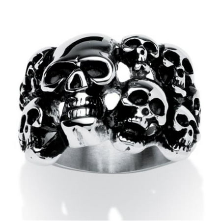 PalmBeach Jewelry 539739 Mens Skulls Ring in Antiqued Stainless Steel - Size 9