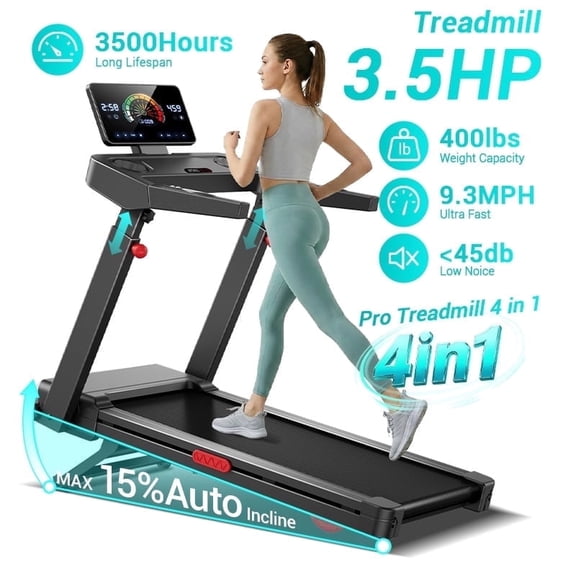 LEZEE 15% Treadmill Auto Incline, Foldable Home Treadmill with 3-Level Adjustable Console and Quiet 3.5 HP Motor, Max. 400lbs