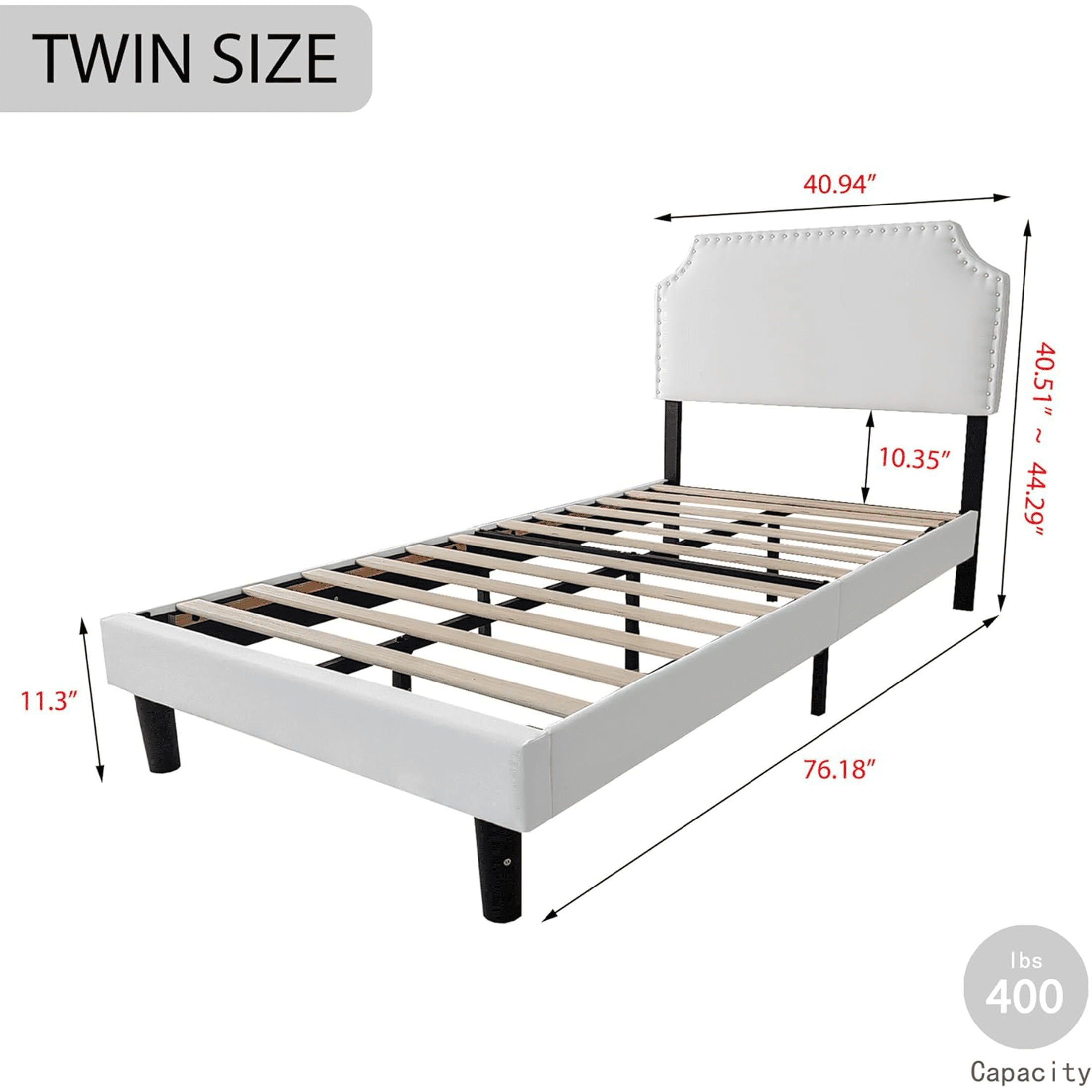 LEGAHOME Twin Size Upholstered Platform Bed, New Upgraded Twin Bed Frame with Rivet Decoration Headboard, Modern Single Bed for Kids Teens Boys Girls, No Box Spring Needed, White