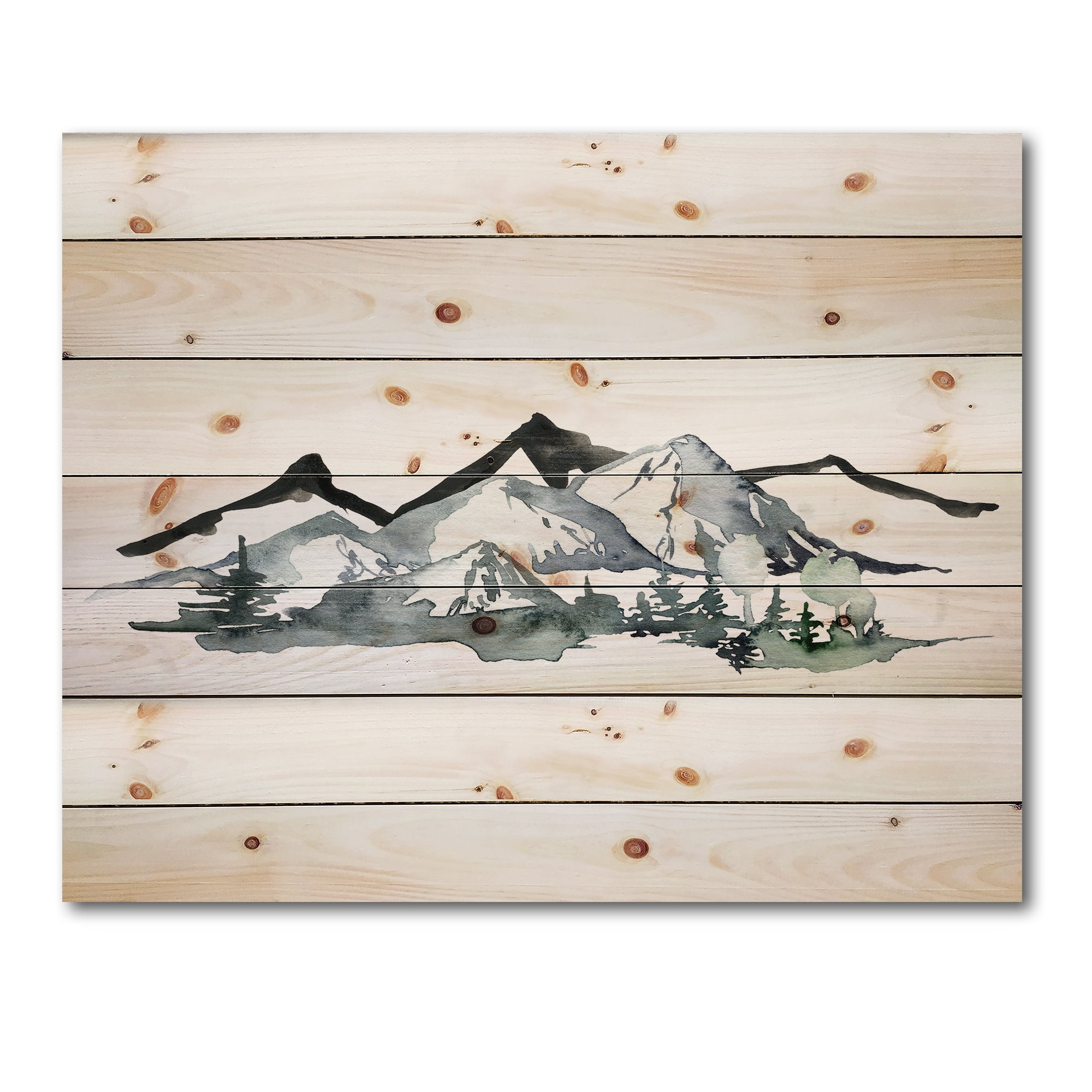 Designart 'Minimalistic Fir Forest and Winter Mountains I' Modern Print on Natural Pine Wood