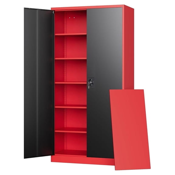 WDZS Metal Storage Cabinets with Lock, 71" Tall Locker Organizer Steel Cabinets, Adjustable Shelves 2 Doors for Home, Office, Warehouse,Garage,Industrial,Employee Lockers (Style B, Black Red)