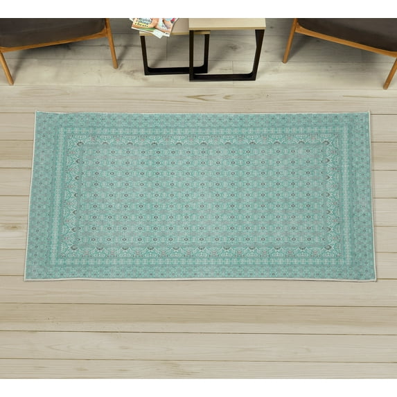 Tribal Decorative Rug, Retro Weathered Look Circles Grid Stripe Bars on Dark Brown Backdrop Print, Quality Carpet for Bedroom Dorm and Living Room, 6 Sizes, Sea Green, by Ambesonne