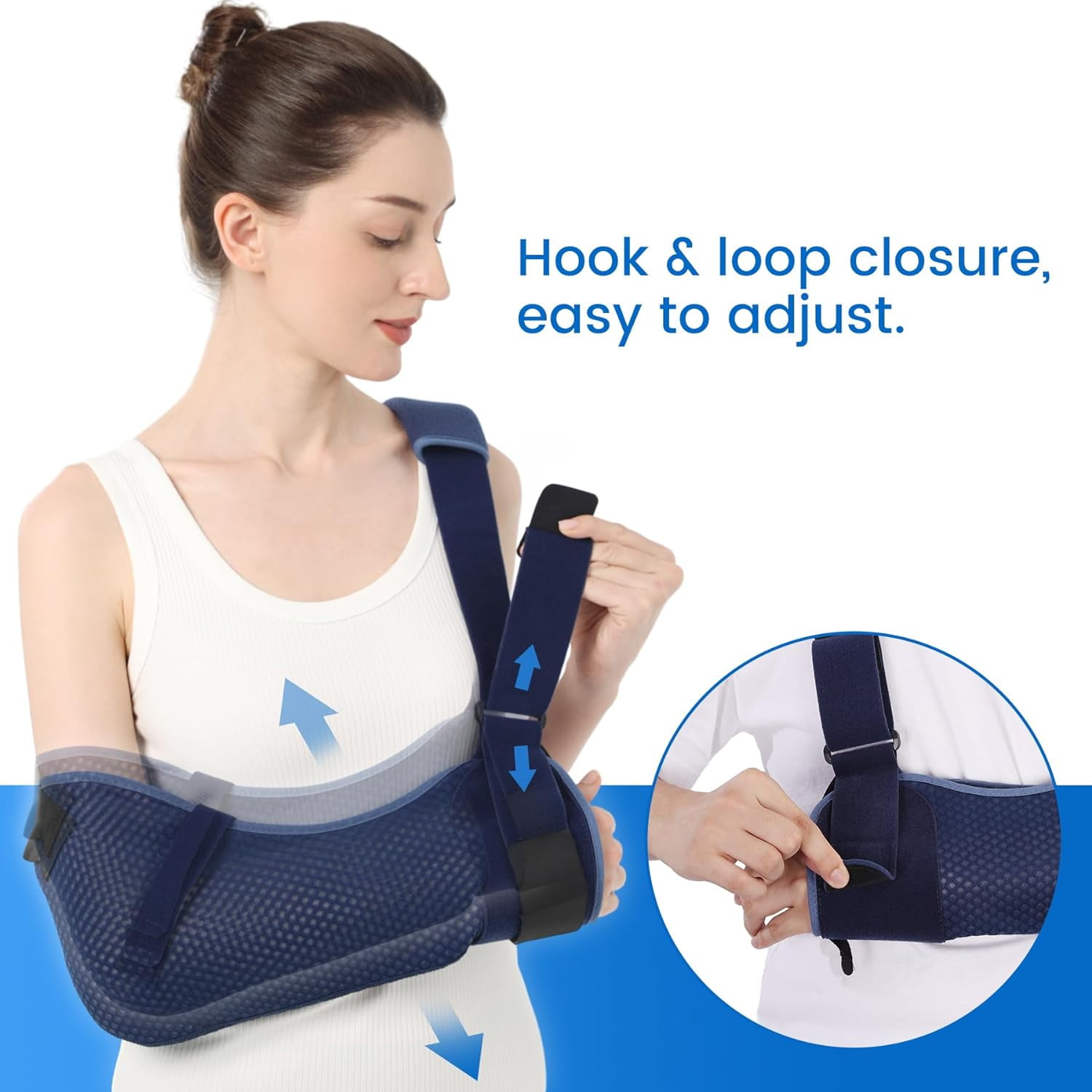 Velpeau Arm Sling with Waist Strap - Ventilated & Breathable Support Brace for Shoulder, Rotator Cuff, Elbow, Hand injury (Mesh-Blue, Left, Large)