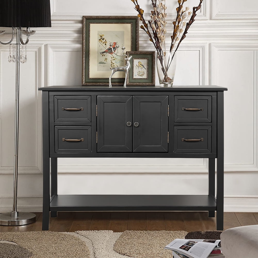 43'' Console Table, White Wood Console Accent Table with Brown Toptable