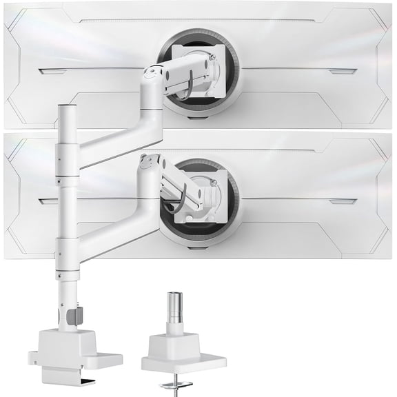 monTEK Dual Monitor Arm for 17–57 in Ultrawide Screens, Heavy Duty Gas Spring Desk Mount Holds 59.4 lb per Screen, Vertical Stackable Adjustable Stand, VESA 75x75/100x100, Clamp & Grommet, White