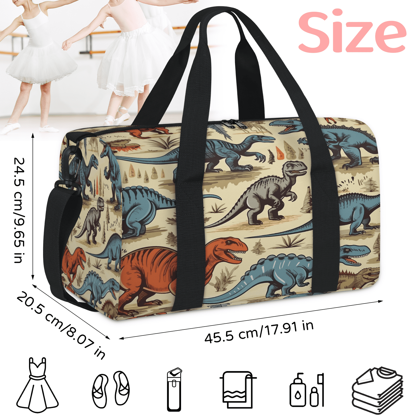 Herdesigns Dinosaur Cartoon Dino Travel Duffle Bag Sports Yoga Weekender Overnight Carry on Workout Bags Lightweight Waterproof Gym Tote Bag for Women