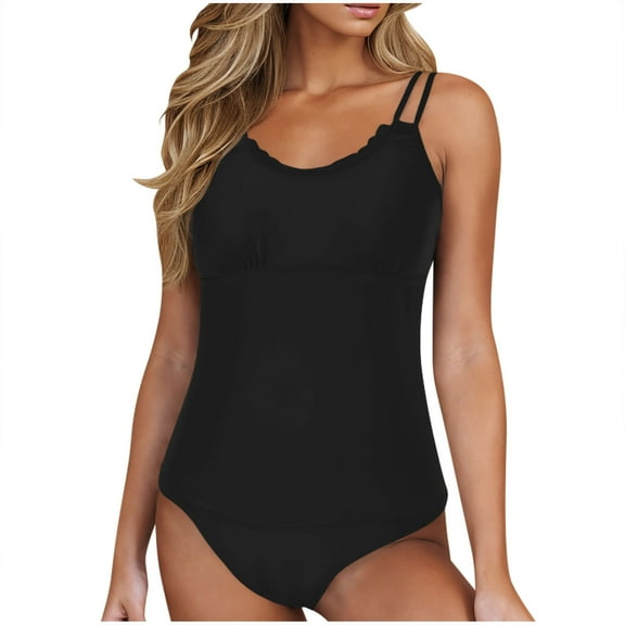 Women's 2025 Tankini Swimsuits Tummy Control Swimwear Two Piece Bathing Suits Swim Tank Top with Bikini Bottom Black 2XL