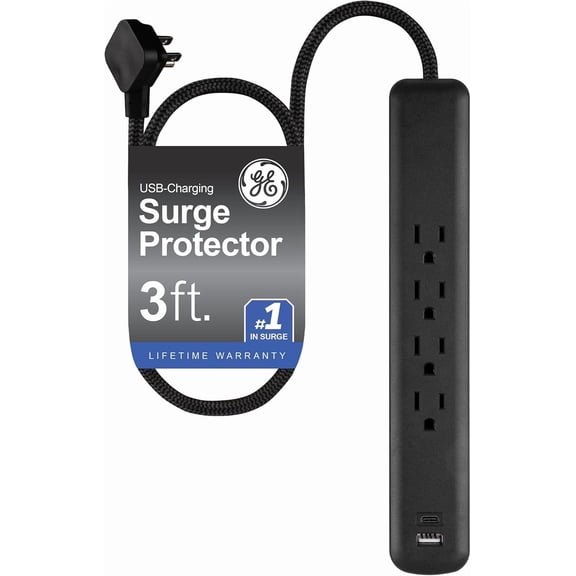 Sur Protector Power Strip, 4 Outlets, 1 USB-C & 1 USB-A Port (12W), 490J Protection, 3FT Braided Extension Cord, Flat Plug, Wall Mount, ETL Listed, Black, 84467