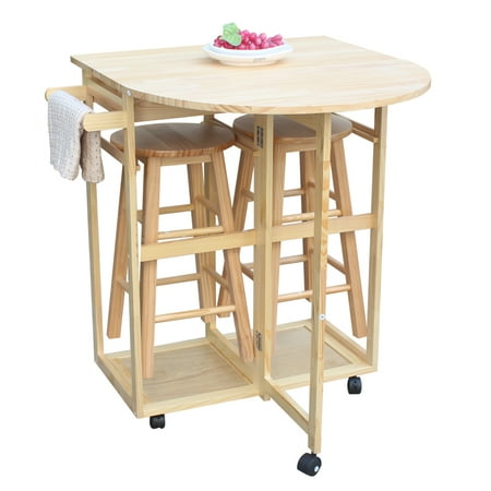 kitchen Island Cart, Solid Wood Folding Rolling Kitchen Cart with 2 Round Bar Stools, Semicircle Dining Cart in Home with 2 Front Drawers and a Towel Bar for Saving Kitchen Space,