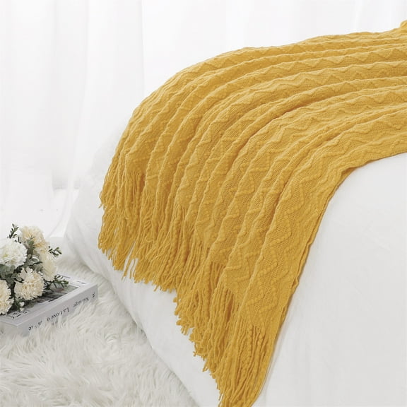 PiccoCasa Soft Acrylic Decorative Throw Blanket Fringe for Couch 50"x60" Yellow