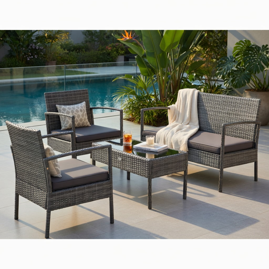 Hommoo 4-Piece Outdoor Rattan Patio Conversation Set with Steel Frame, Thick Cushions & Tempered Glass Coffee Table for Backyard, Poolside & Balcony, Gray
