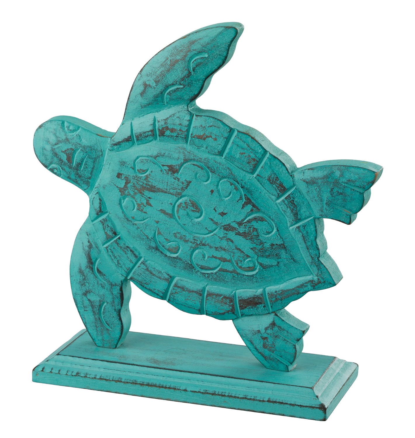 Coastal Carved Teal Sea Turtle Distressed Wood Tabletop Decor 8.5