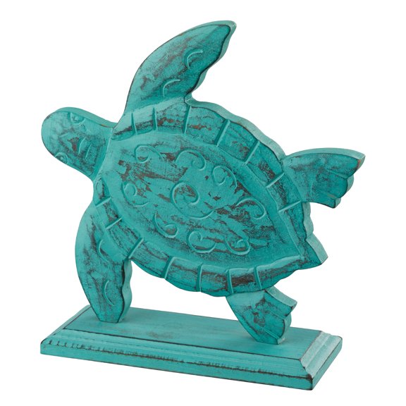 Coastal Carved Teal Sea Turtle Distressed Wood Tabletop Decor 8.5 Inches