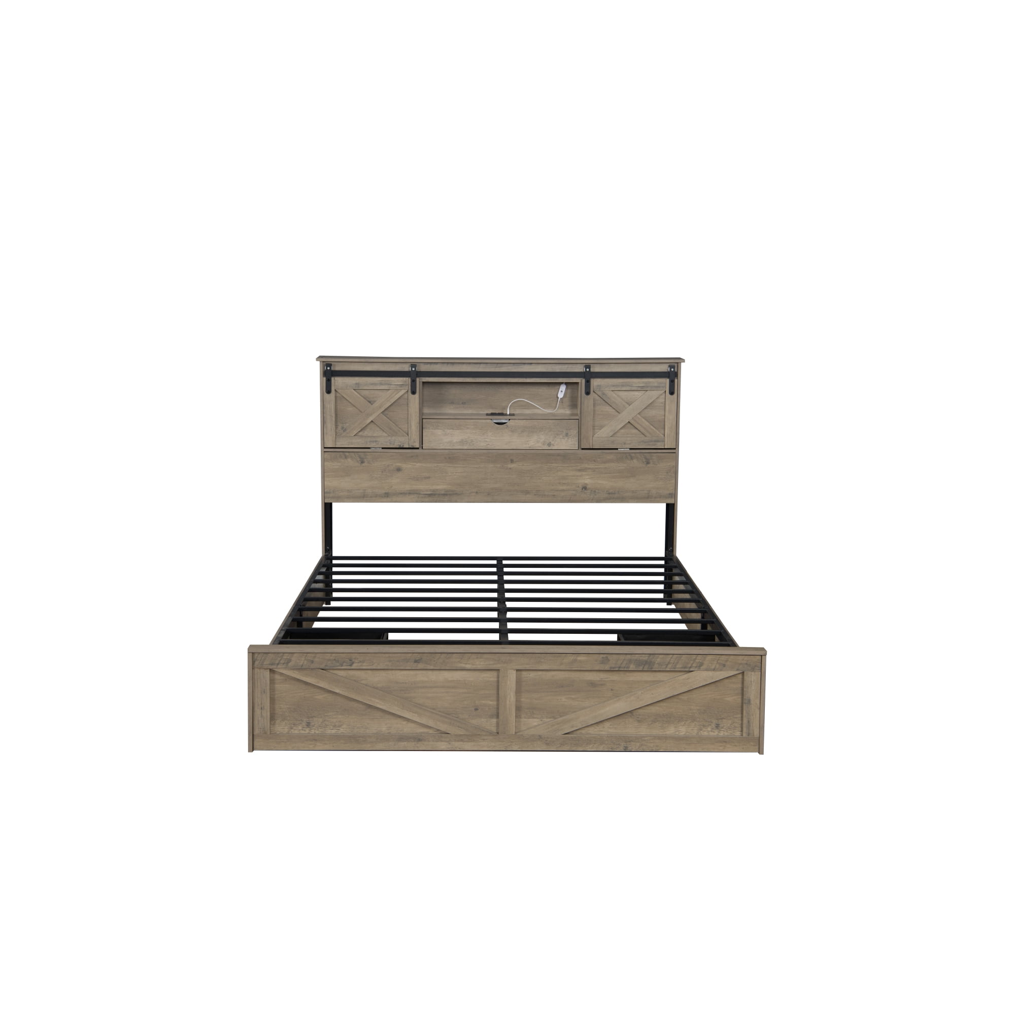 Jopath Queen Size Farmhouse Bed Frame with LED Lights and Charging Station, Wooden Queen Bed with 2 Storage Drawers, Rustic Headboard with Sliding Barn Door Storage Cabinets for Teens Adult