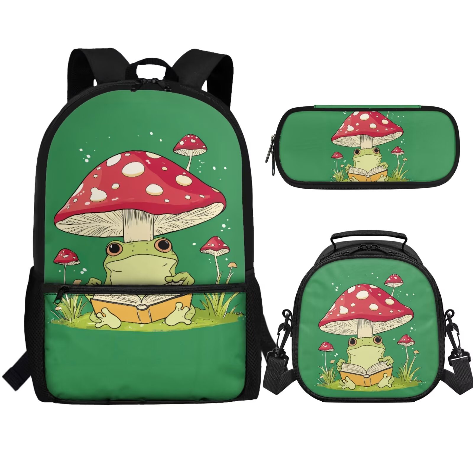 Binienty Frog Mushroom Backpack for Elementary School Boys and Lunch Box and Pencil Case 3 In 1 Middle School Boys Bookbag Double Zipper Backpacks for Travel Hiking Camping Laptop Back Pack