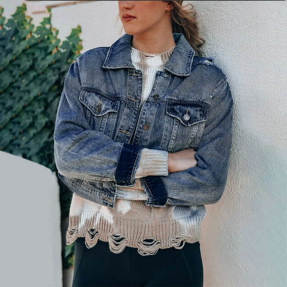 Frostluinai Cropped Jean Jacket for Women Long Sleeve Lapel Vintage Denim Jacket Button Down Fall Denim Coats Comzy Trucker Coat with Pocket
