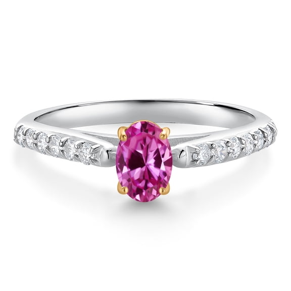 Gem Stone King 10K White and Yellow Gold Pink Created Sapphire and White Lab Grown Diamond Engagement Ring for Women (0.68 Cttw, Oval 6X4MM, Gemstone September Birthstone, Size 6)