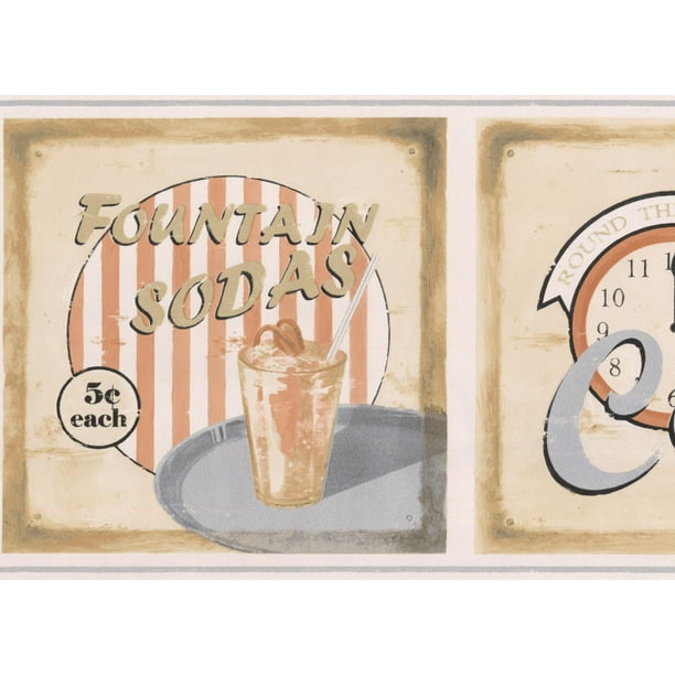 Retro Coffee Drinks Cafe Square Beige Ads Coconut White Wallpaper Border Vintage Design Roll 15 X 7 Walmart Com Walmart Com